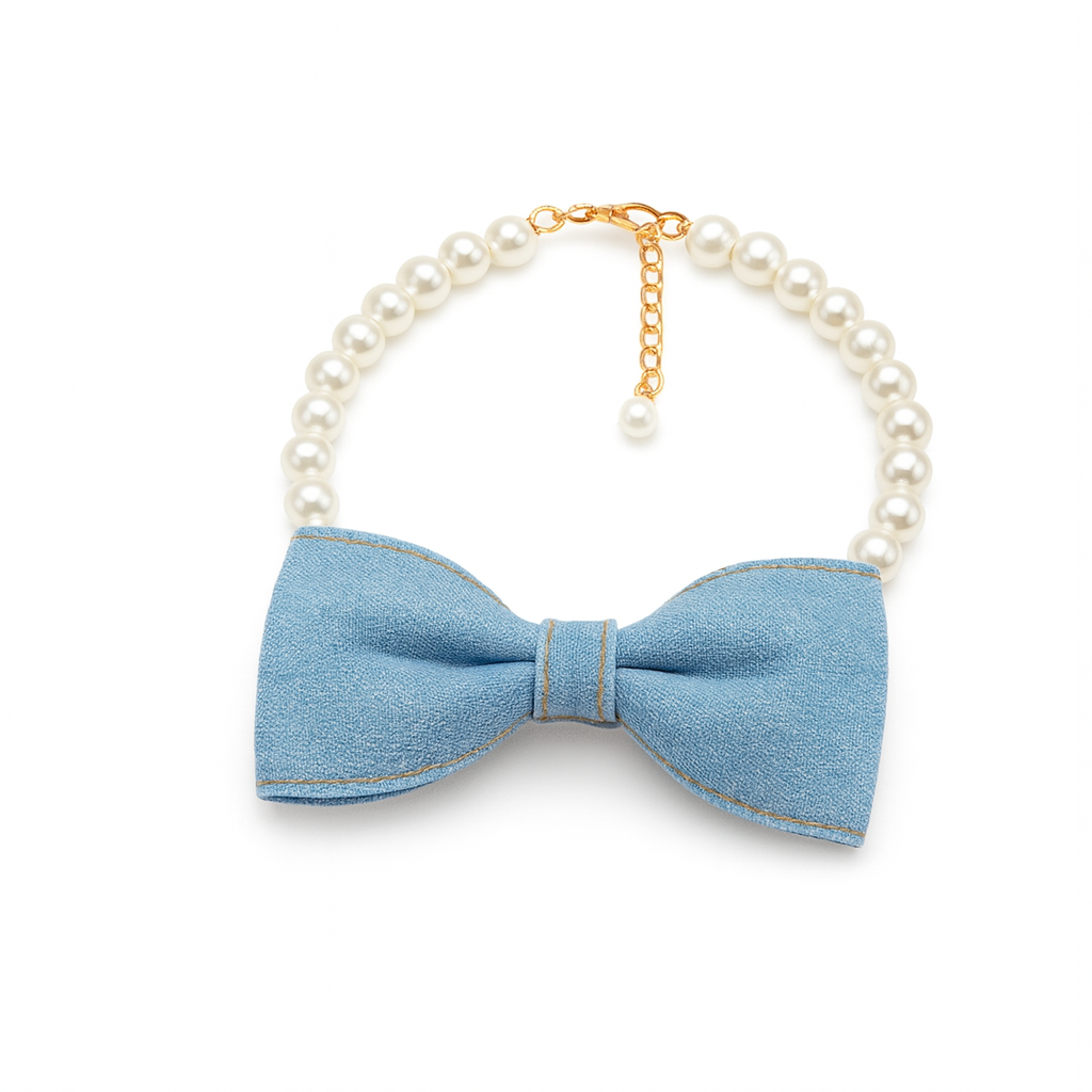Collier Perlé avec Nœud en Denim pour Chiens & Chats