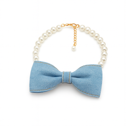 Collier Perlé avec Nœud en Denim pour Chiens & Chats