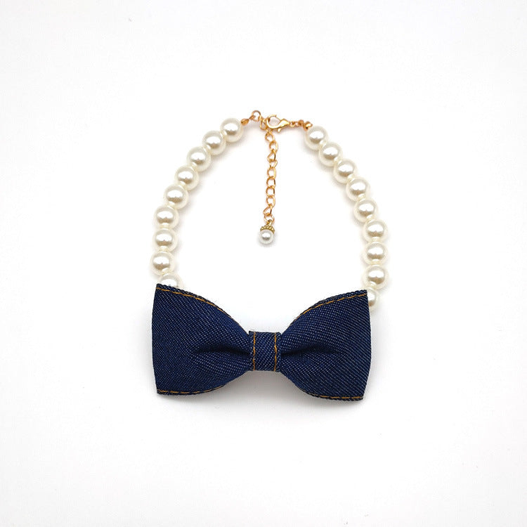Collier Perlé avec Nœud en Denim pour Chiens & Chats