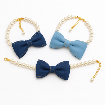Collier Perlé avec Nœud en Denim pour Chiens & Chats