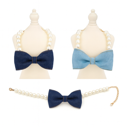 Collier Perlé avec Nœud en Denim pour Chiens & Chats