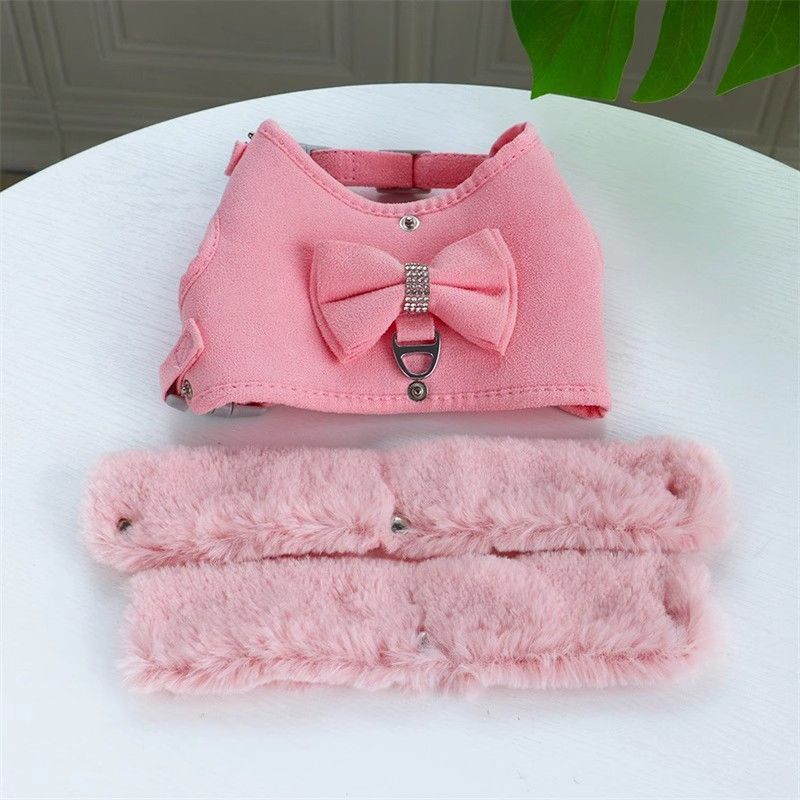 Harnais Chaud pour Petit Chien avec Laisse – Fourrure Amovible & Nœud Décoratif