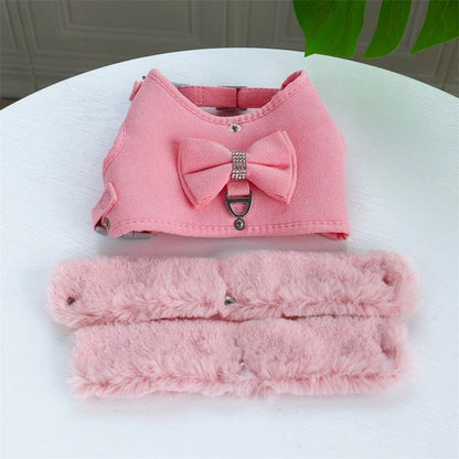 Harnais Chaud pour Petit Chien avec Laisse – Fourrure Amovible & Nœud Décoratif