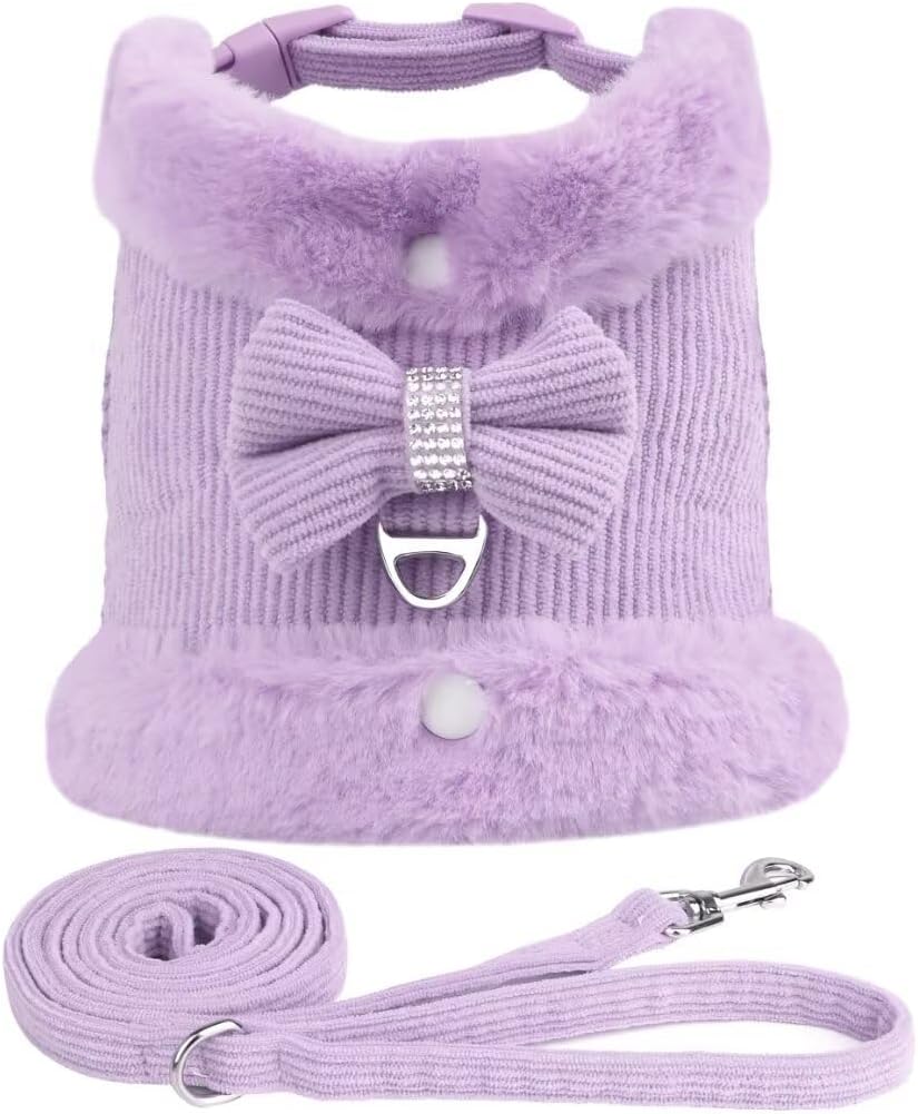 Harnais Chaud pour Petit Chien avec Laisse – Fourrure Amovible & Nœud Décoratif