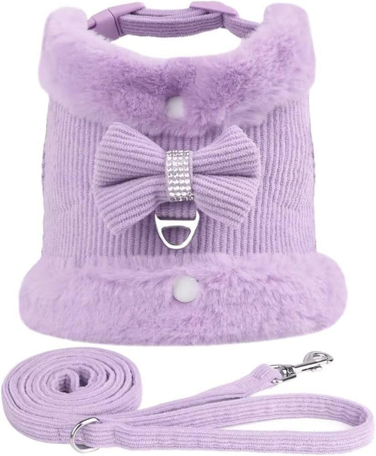 Harnais Chaud pour Petit Chien avec Laisse – Fourrure Amovible & Nœud Décoratif