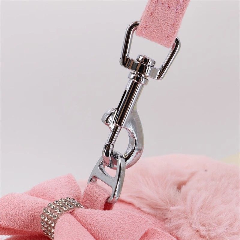 Harnais Chaud pour Petit Chien avec Laisse – Fourrure Amovible & Nœud Décoratif