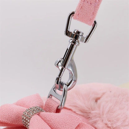 Harnais Chaud pour Petit Chien avec Laisse – Fourrure Amovible & Nœud Décoratif